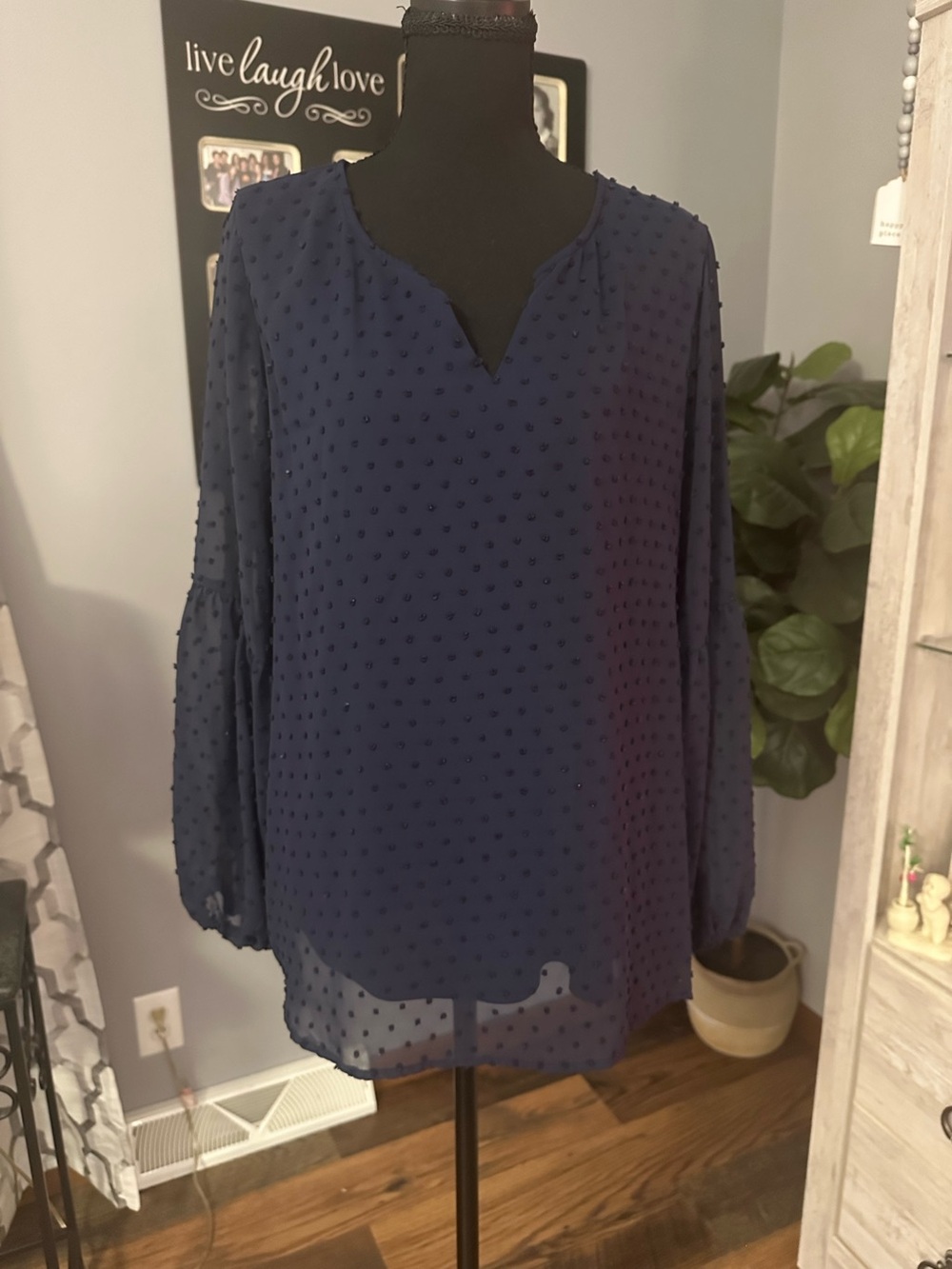 West Kei Navy Swiss-Dot Split V-Neck Blouse